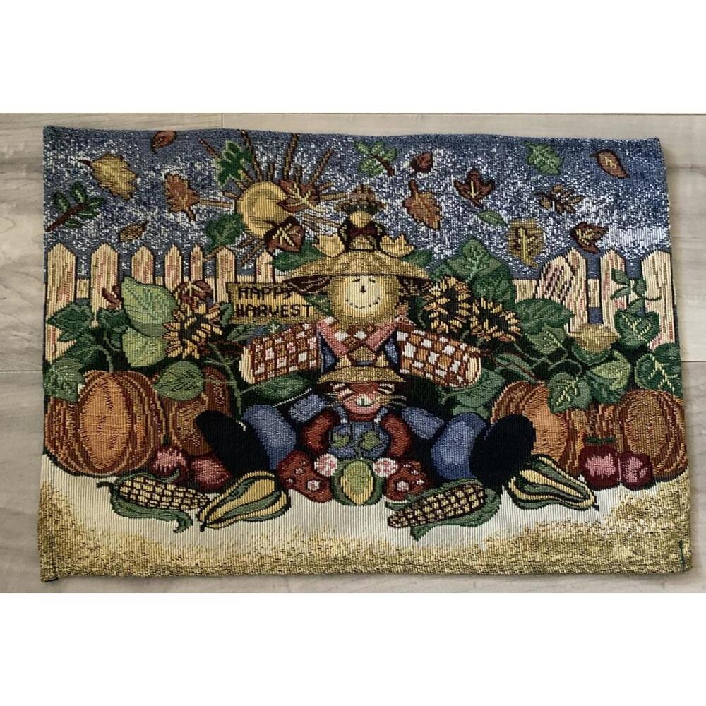 Vintage Tapestry Placemats Set Of 2 Harvest Scarecrow Country Pumpkin Autumn